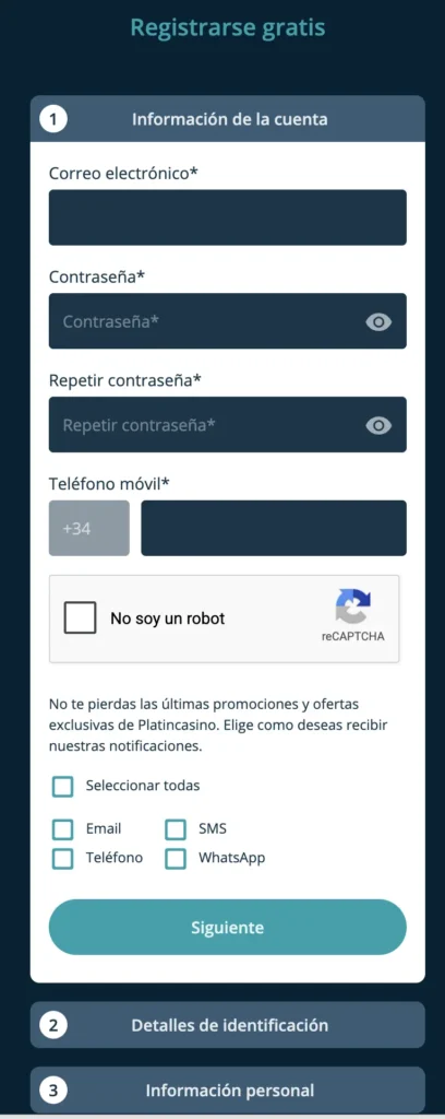 Registro en Platincasino